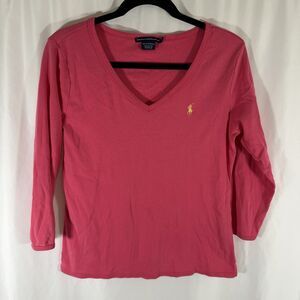 Ralph Lauren Sport Shirt Women's Large Pink 3/4 Sleeve V-Neck 100% Cotton
